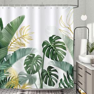 Bonhause Tropical Leaves Shower Curtain, Green Gold Monstera Palm Banana Leaf Plant Bathroom Curtain 72x72 Inch Polyester Fabric Waterproof Bath Curtain with 12 Hooks