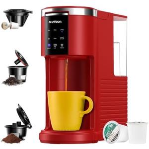 SHARDOR 3 in 1 Single Serve Coffee Machine, K Cup Coffee Maker Compatible with Ground Coffee & Teas, 6 to 14oz Brew Sizes, 40oz Removable Water Tank, Descale Settings, Red