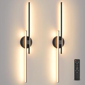Rechargeable Battery Operated Wall Sconce Set Of Two, Black Wireless LED Wall Sconces With Remote Control, Dimmable 3 Colors Cordless wall lights for Living Room, bedroom, Hallway, 31.4 Inch ( 2pcs)