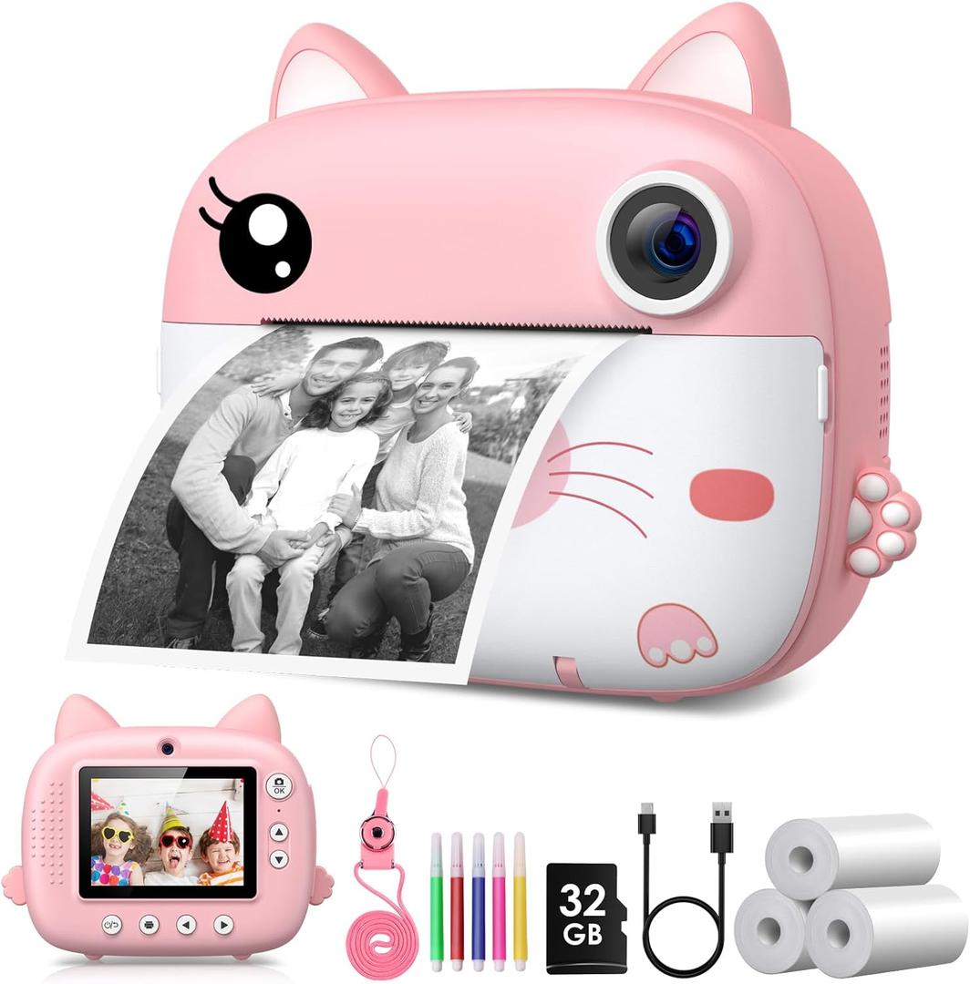 Kids Camera Instant Print, 3.0" HD Screen Kids Instant Cameras, Christmas Birthday Gifts for Girls Boys 3 4 5 6 7 8 9 10 Year Old, Portable Toddler Travel Toys with 32GB Card & 3 Rolls Printer Paper (Dark Pink)