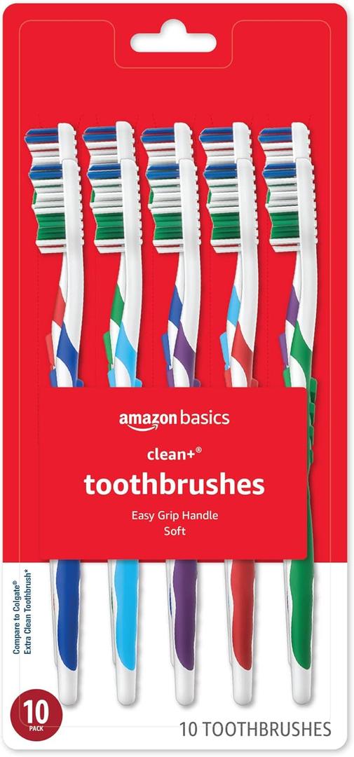 Amazon Basics Clean Plus Toothbrushes, Soft, Full, 10 Count, 1 Pack (Previously Solimo)