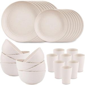 Supernal Wheat Straw Dinnerware Sets,Dish Sets for 8, Plates and Bowls Set Dishwasher Safe, Unbreakable Dinnerware, Reusable Tableware Set, Beige Color 16pcs Plates, 8pcs Bowls, 8pcs Cups (32pcs)