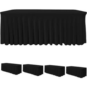 HolidayIdeas Black Spandex Table Skirts for Rectangle Tables 6ft, Fitted Stretch Table Cover 30x72 Inch, Wrinkle-Free Ruffle Design Tablecloths for Banquets,Trade Shows, Parties, Events, 4 Pack