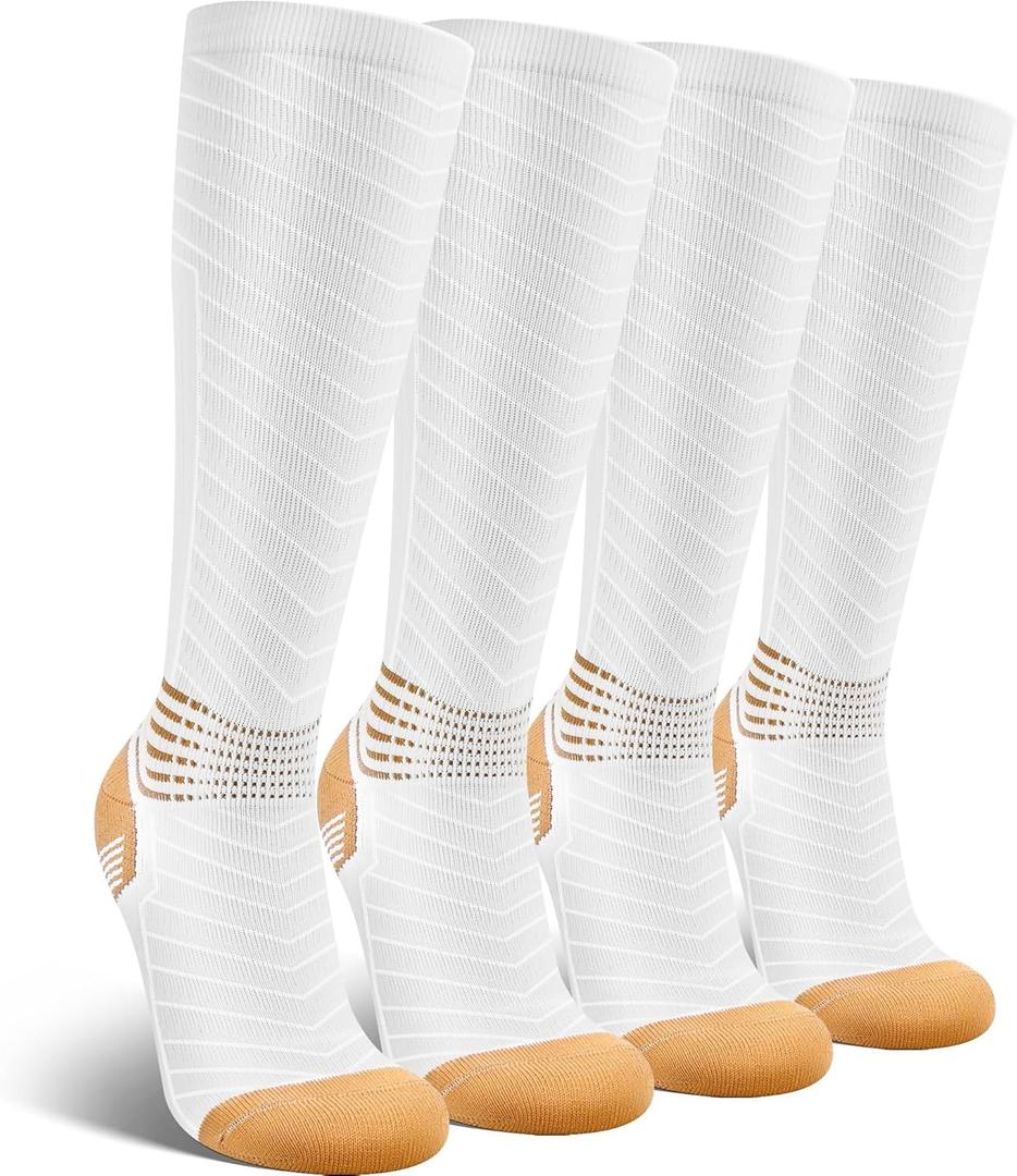 IRAMY Copper Compression Socks for Men Women 15-20 mmHg Ankle Support V-Shape Gradient Compression Coolmax Wicking Knee High Socks, White, 2 Pairs, Large