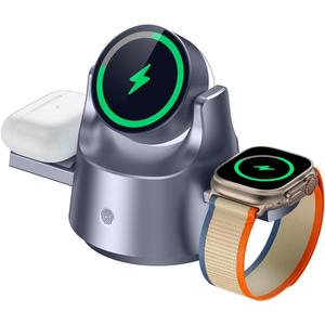 4-in-1 Magnetic Wireless Charging Station with Night Light  Fast Charger Dock for iPhone 17/16/15/14/13, Apple Watch, AirPods  Adjustable Angle MagSafe-Compatible Desk & Bedside Charging Stand (Grey)
