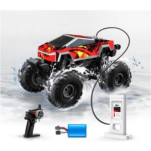 RC Car, Amphibious Monster Truck Toy with Charging Dock, 1:18 4WD Waterproof Off-Road Pickup - 360 Rotation & One-Button Stunt, 2.4GHz Remote Control Car for Boys Girls Ages 6+ Birthday Gift
