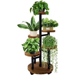 GEEBOBO 5 Tier Plant Stand With 4 Wheels, Metal Wood Tall Plant Stands For Indoor Plants Multiple, Corner Tiered Flower Plants Shelf Stand for Living Room Bedroom, Brown