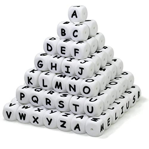 Melius 50Pcs Silicone Letter Beads 12mm A-Z (Extra for Vowel Letter) Even and Accurate Square Letters Beads for Bracelet Stethers Key Chains Necklace Lanyards (White)