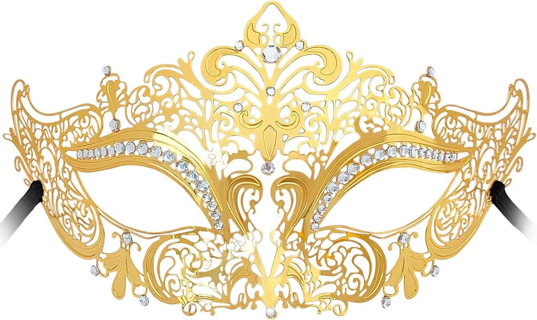 Masquerade Mask for Women, Masquerade Mask for Venetian Ball, Wedding, Mardi Gras&Costume Party, Stretch Cord Design (Gold, Style-3)
