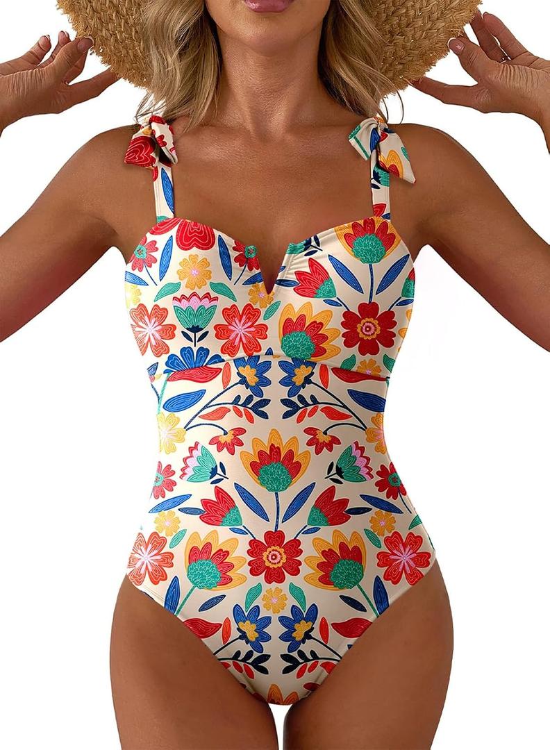 Aleumdr Vintage One Piece Swim Suit for Women 2026 Tummy Control Bathing Suits with Padding Full Coverage Swimsuit Print Floral Slimming Swimwear Orange Small