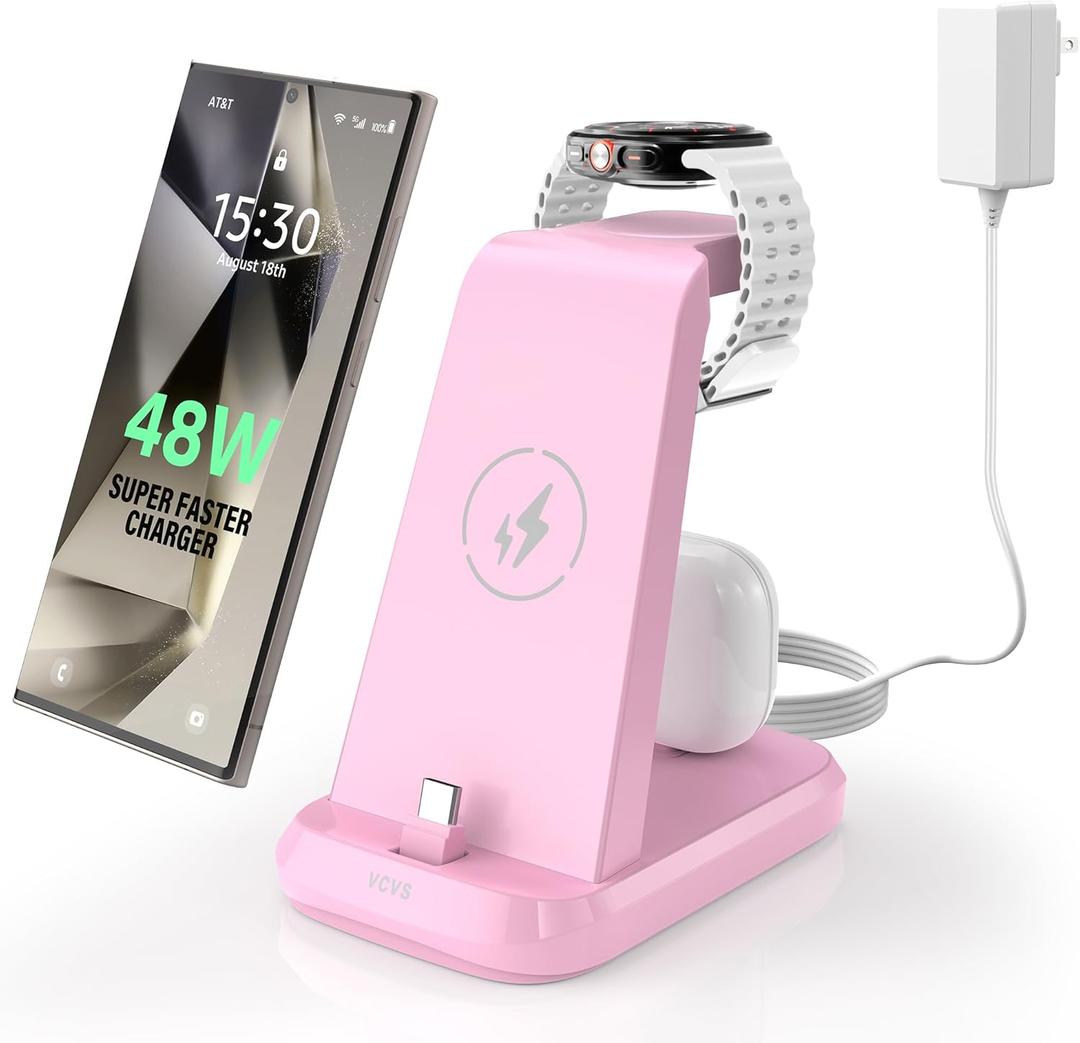 48W Super Fast Charging Station for Samsung Devices, 3 in 1 Charger Via USB C, Galaxy Watch Charger for Samsung Galaxy Watch Ultra/7/6/5/4/3, Galaxy S24/S23/S22/S21/Note20/Z Flip 5/Fold 5, Buds2/Pro