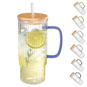 erichbow 32oz Ribbed Glass Cup with Handle Bamboo Lid and Straw, Glass Tumbler, Iced Coffee Cups Hot/Cold Drinks (Azure Handle)