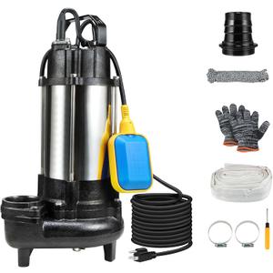 1HP Sewage Grinder Sump Pump, Submersible Effluent Pumps 110V 6400 GPH Auto Float Switch, Cast Iron, 2'' NPT Discharge for Basement, Sump Basin, Residential Sewage