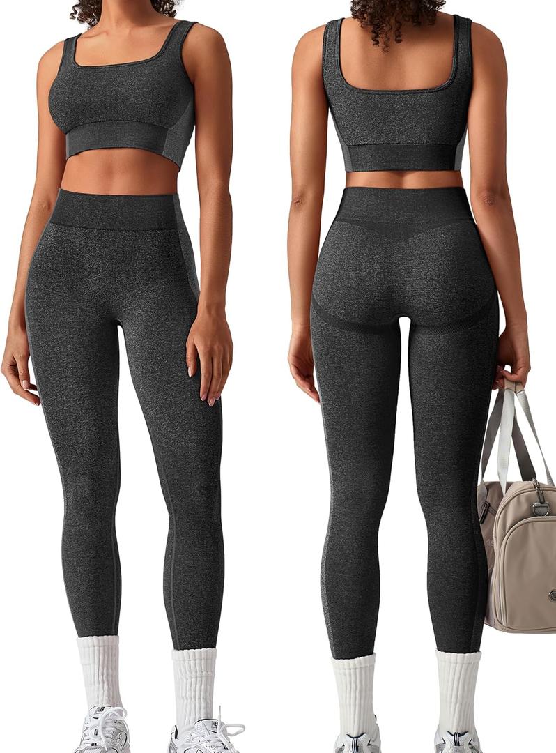 OLCHEE Womens Workout Sets 2 Piece Seamless Square Neck Sports Bra Padded Butt Lifting Leggings High Waist Yoga Gym Outfits (X-Large, Black)