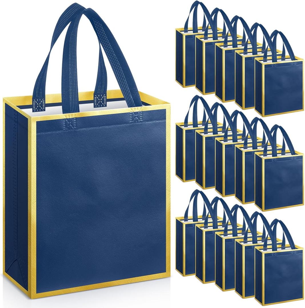 Sweetude 16 Pcs Reusable Gift Bags with Handles Non Woven Reusable Goodie Gift Tote Bags for Wedding Shopping Retail Birthday Holiday Graduation Bridesmaid Favor(Blue Gold,8 x 4 x 10 Inch)