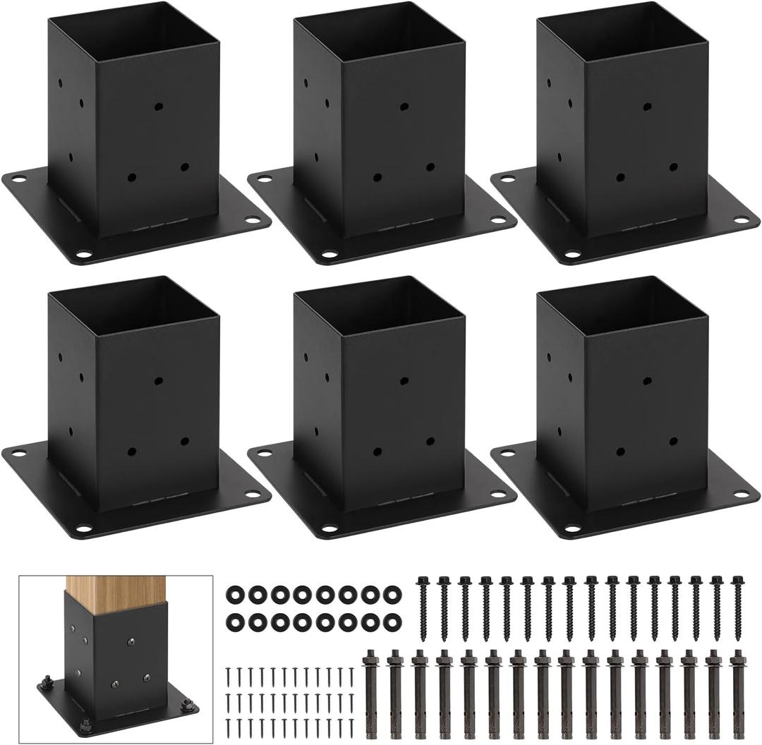 4x4 Post Base, Inner Size 3.5"x3.5"Deck Post Base, Deck Post Base for Concrete, for Mailbox Support Wood Fence Post Anchort (Black - Set 6)