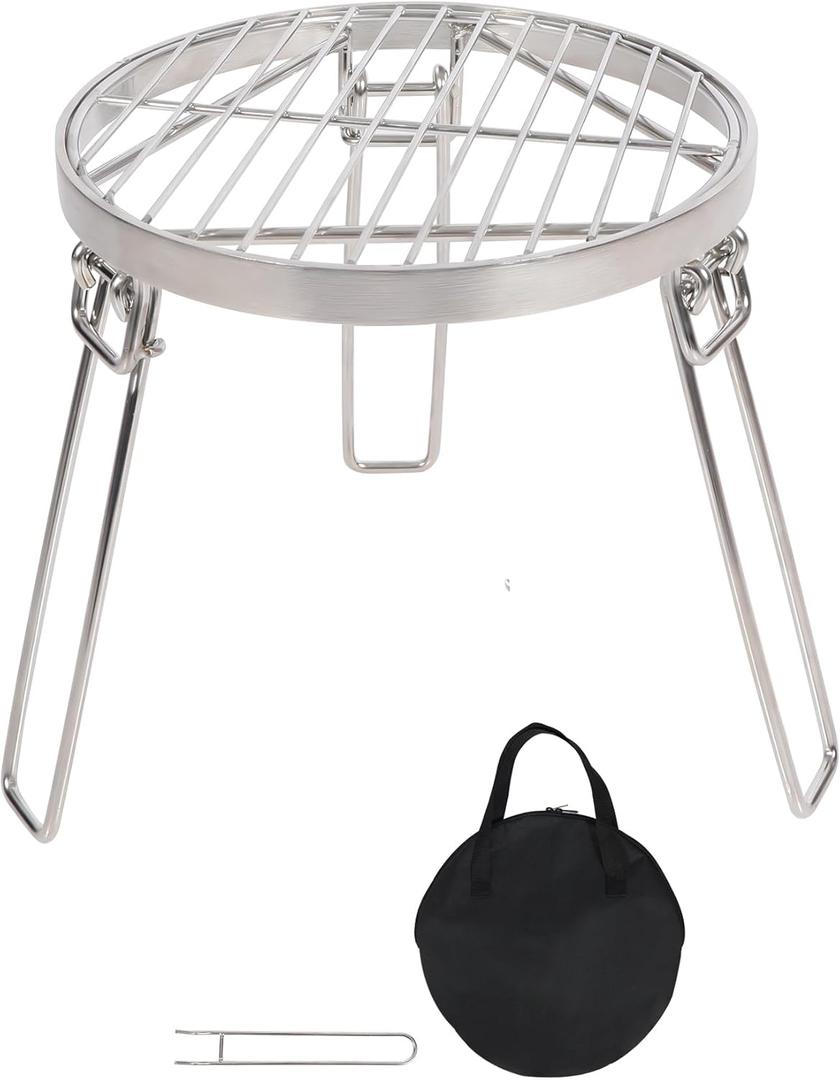 Lineslife Folding Campfire Tripod for Cooking, Portable Camping Tripod Stand with Grill Grate for Solo Stove Bonfire Fire Pit, Dutch Oven, Open Fire, Stainless Steel