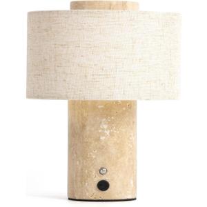 Marble Table Lamp, Rechargeable Touch Lamp, Travertine | Rechargeable cordless touch lamp with stepless dimming. Real marble base with linen shade for nightstands and desks.