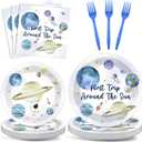 ZOIIWA 200 PCS First Trip Around the Sun Birthday Tableware Disposable 1st Space Party Supplies Outer Space Birthday Party Paper Plates Napkins Forks Baby Shower Decoration Serve 50 guest