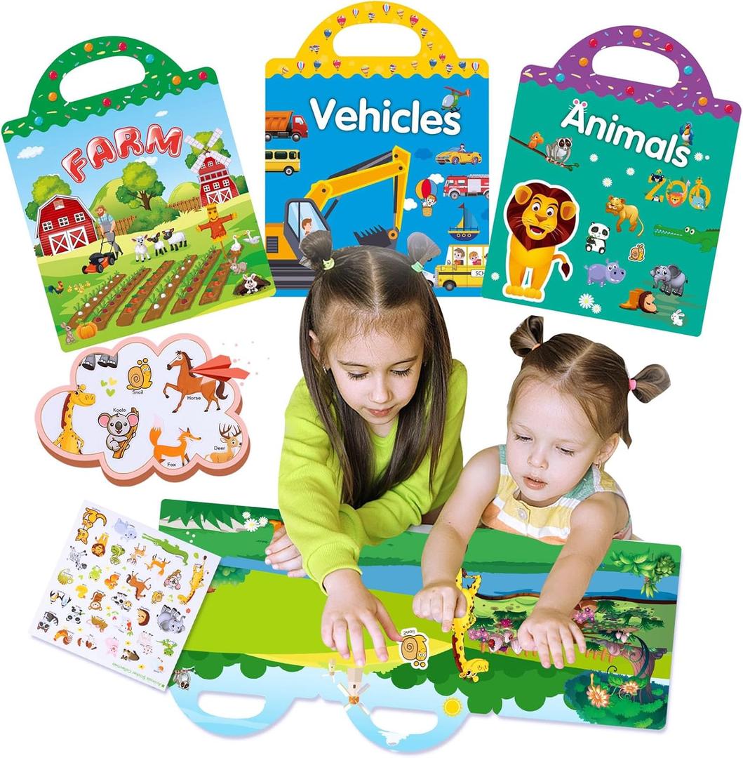 Toddler Reusable Sticker Books for Toddlers, Reusable Stickers for Toddlers, Reusable Sticker Books for Toddlers Toddler Sticker Books 3 Pack (Farm Vehicle Animal)
