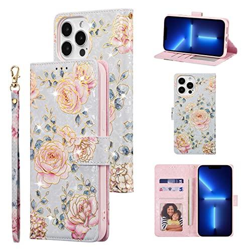 UEEBAI Wallet Case for iPhone 16 Pro Max, PU Leather Phone Cover Kickstand RFID Blocking Flip Case Card Slots Wrist Strap Relief Engraved Pattern Magnetic Closure Flower Folio Wallet, Purple Rose