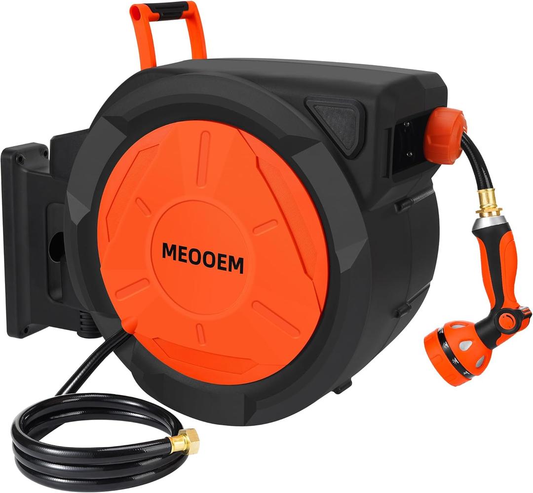 5/8 Inch 100FT Retractable Garden Hose Reel Wall Mounted 10-Pattern Nozzle, Any Length Lock Auto Rewind, 180 Swivel Bracket Auto Water Hose Reel Heavy Duty for Outside (3/4" Brass Fitting)