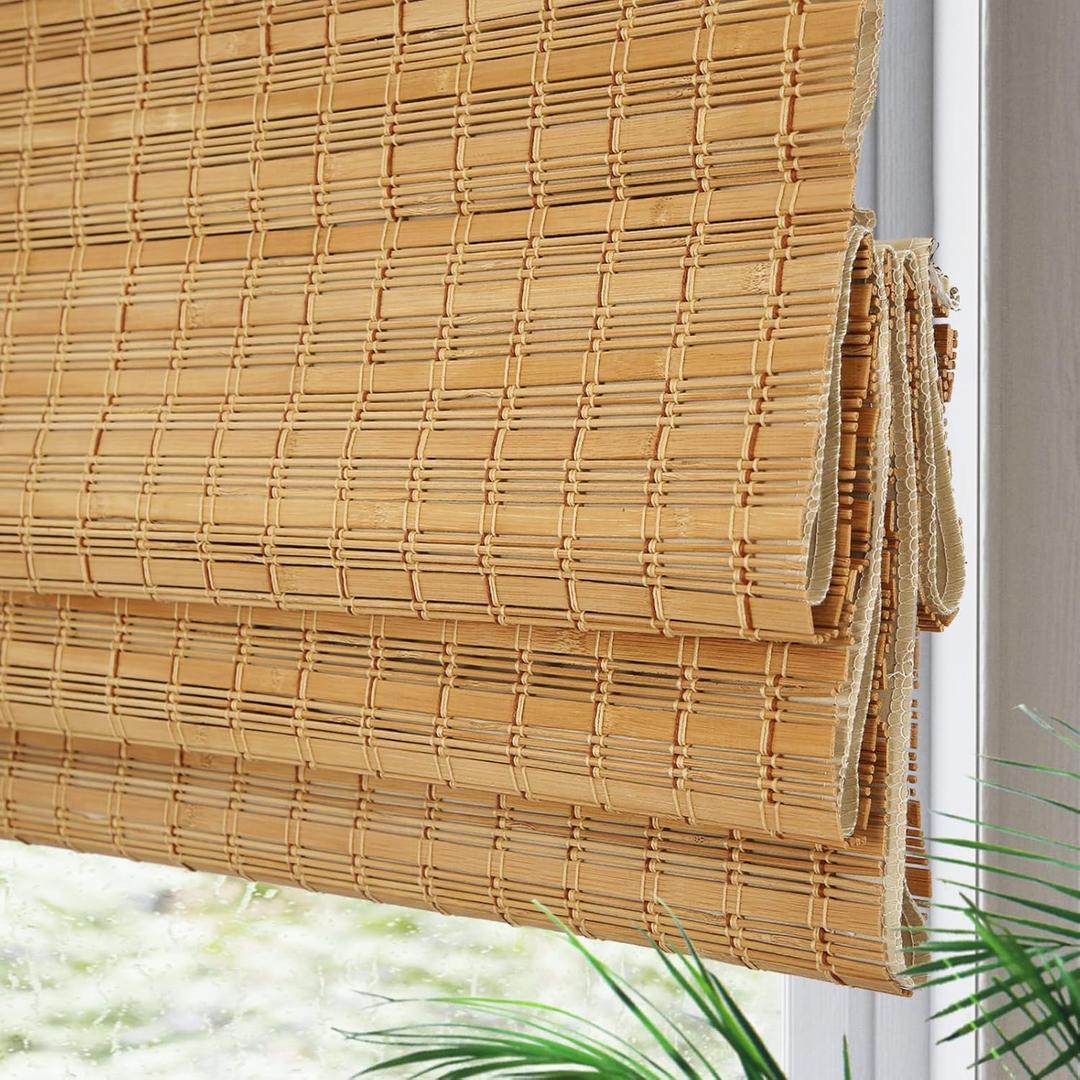 Yin Yang Cordless Blackout Bamboo Roman Shades, Outdoor Natural Woven Wood Shades with 6 Inches High Valance, Custom Room Dakening Bamboo Blinds for Home, Windows, Doors, Camel 118"L x 82"W