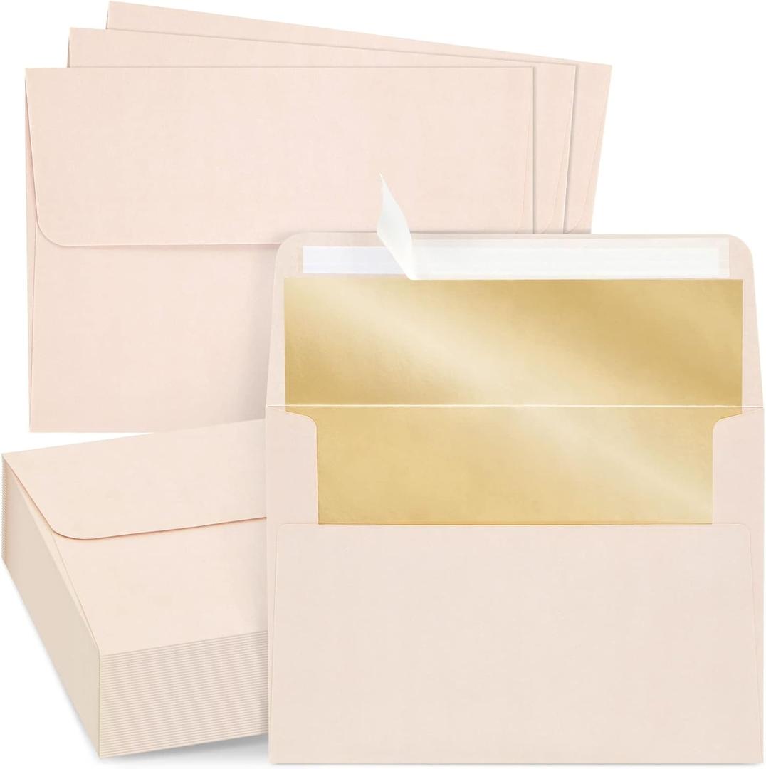 50 Pack Blush Pink 5x7 Envelopes for Invitations, Wedding, A7 Size with Bronze Lining and Self Adhesive Peel and Stick