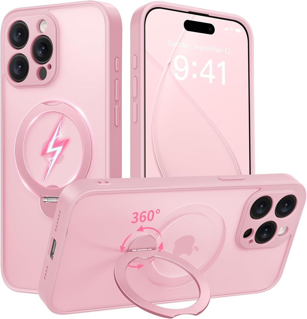 GolbinBox 360 Spin Magnetic Stand for iPhone 15 Pro Max Case, [Compatible with MagSafe], [Full Camera Protection] [16FT Military Drop Protection], Slim Translucent Matte Phone Case, Peach Pink