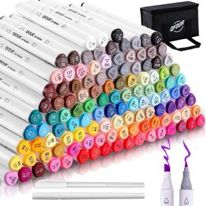 QFOUR Alcohol Markers Brush Tip, 122Pcs Coloring Markers Set, Brush & Chisel Tip Drawing Art Pens for Adults Coloring Illustration, Drawing, Card Making (120 Colors)