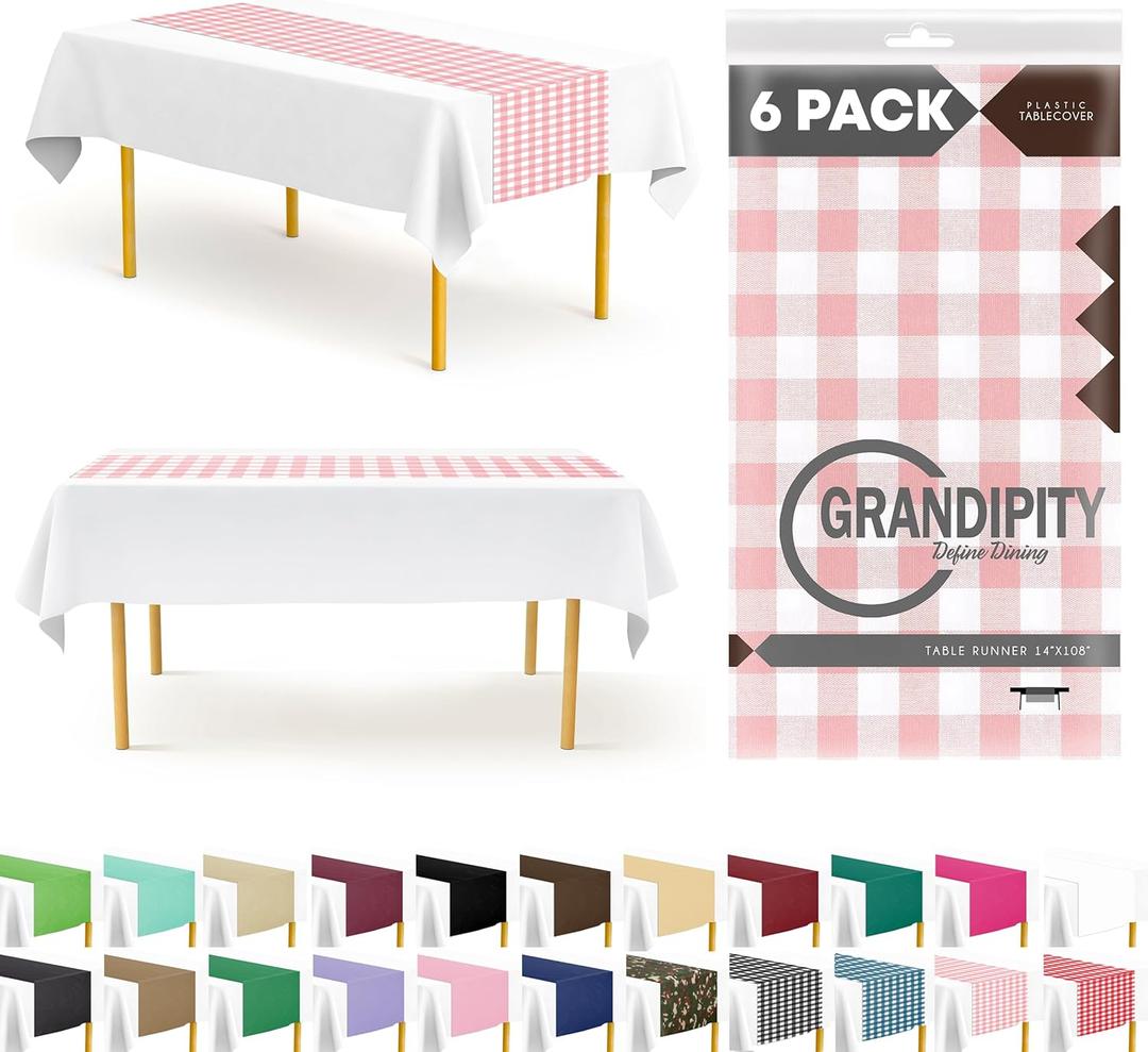 Pink Checkered Gingham 6 Pack Premium Disposable Plastic Table Runner 14 x 108 Inch. Table Runner for Dinner Parties & Events by Grandipity