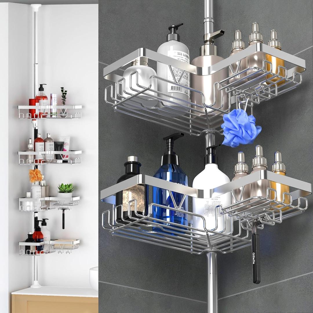4-Tier Shower Caddy/Shower Organizer - Corner Standing Tension Pole Adjustable 25-114.2 inches Built in 2 Soap Holder Rustproof Silver Finish