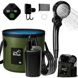 Portable Shower for Camping, 6000mAh Rechargeable Camp Shower Pump with Large Capacity Foldable Bucket, Filtered Shower Head, Outdoor Camping Shower Kit for Travel, Pet Bath, Car Washing (Green)