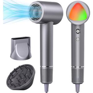 Hair Dryer, 160000 RPM Portable Professional Ionic Hair Dryer with 500 Million Negative Ions, Fast-Drying, Low Noise with Diffuser & Nozzle, Lightweight for Home and Travel (Silver)