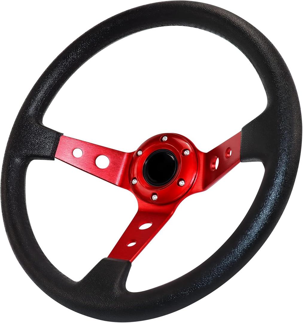 Drifting Deep Dish Racing Steering Wheel, 6 Bolt Anti-Slip Leather and Aluminum Gaming Steering Wheel with Horn Button for Racing/Car Sim Driving/JDM Sports Racing Steering Wheel (Red)