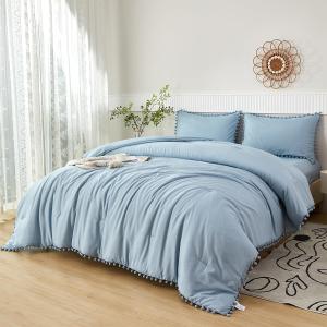 PERFEMET 5 Pcs Grayish Blue Bed in A Bag Twin Aesthetic Boho Comforter with Pom Pom Soft Fluffy Light Blue Solid Bedding Quilt Set for Girls Boys(Grayish Blue, Twin)