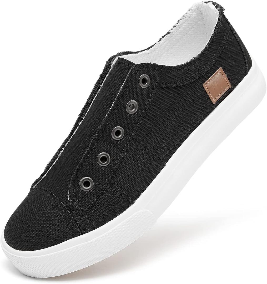 Women's Slip on Shoes Non Slip Fashion Canvas Sneakers Low Top Casual Shoes (Black, US 8)