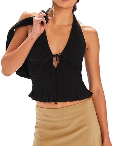 Women Smocked Halter Shirred Tank Top Tie up Ruffle Peplum Hem Y2k Summer Going Out Tops, M