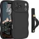 GUAGUA for iPhone 17 Pro Max Case with Wrist Strap, Wavy Edge Phone Case Cute Curly Shape with Adjustable Wristband Kickstand Shockproof Anti Slip Phone Case for iPhone 17 Pro Max 6.9'', Black