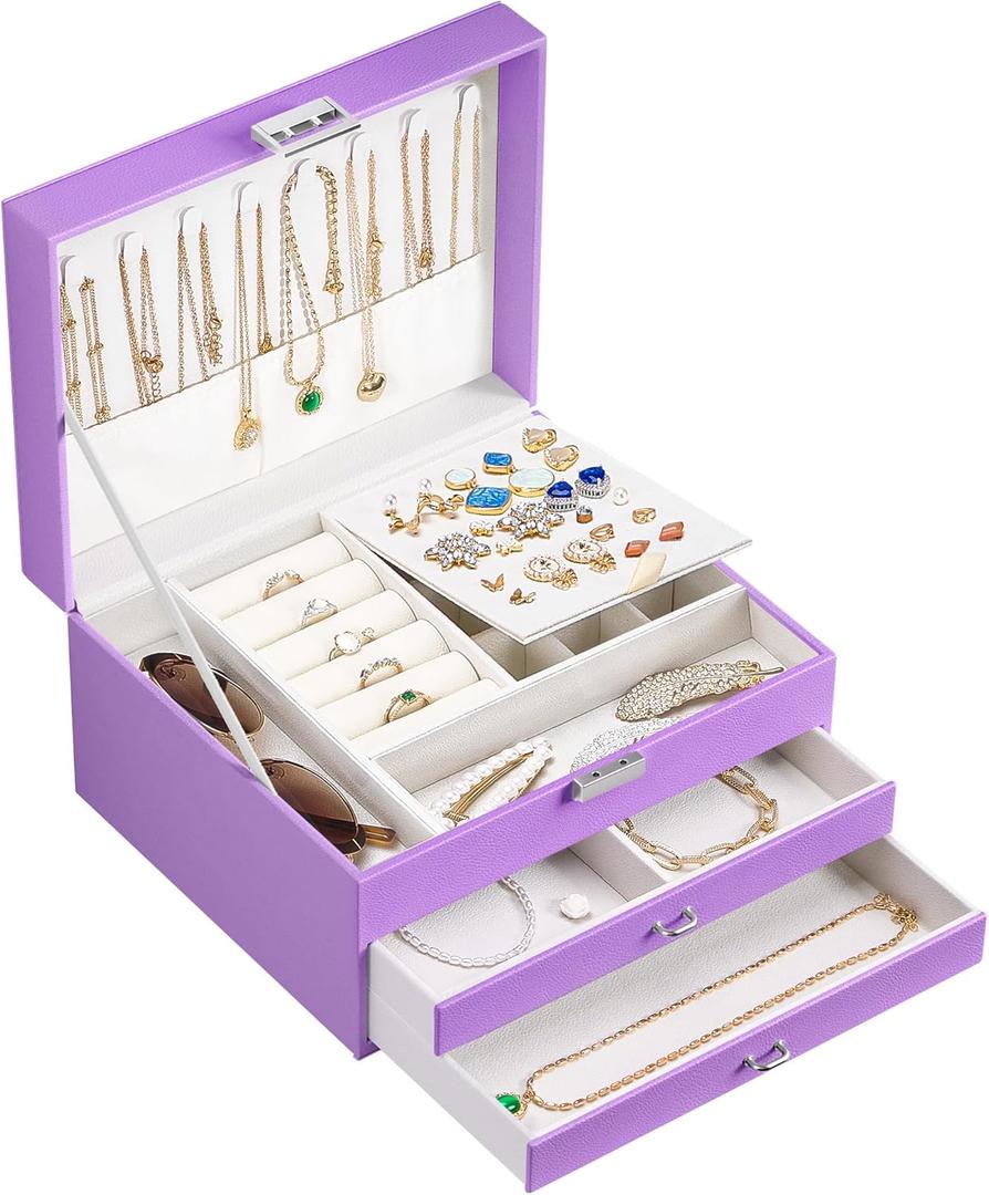 DreamGenius Jewelry Box for Women with Elegant Embroidered Design, 3-Layer Jewelry Organizers and Storage with 2 Drawers for Necklaces and Earrings Holder Organizer, Purple (Large)