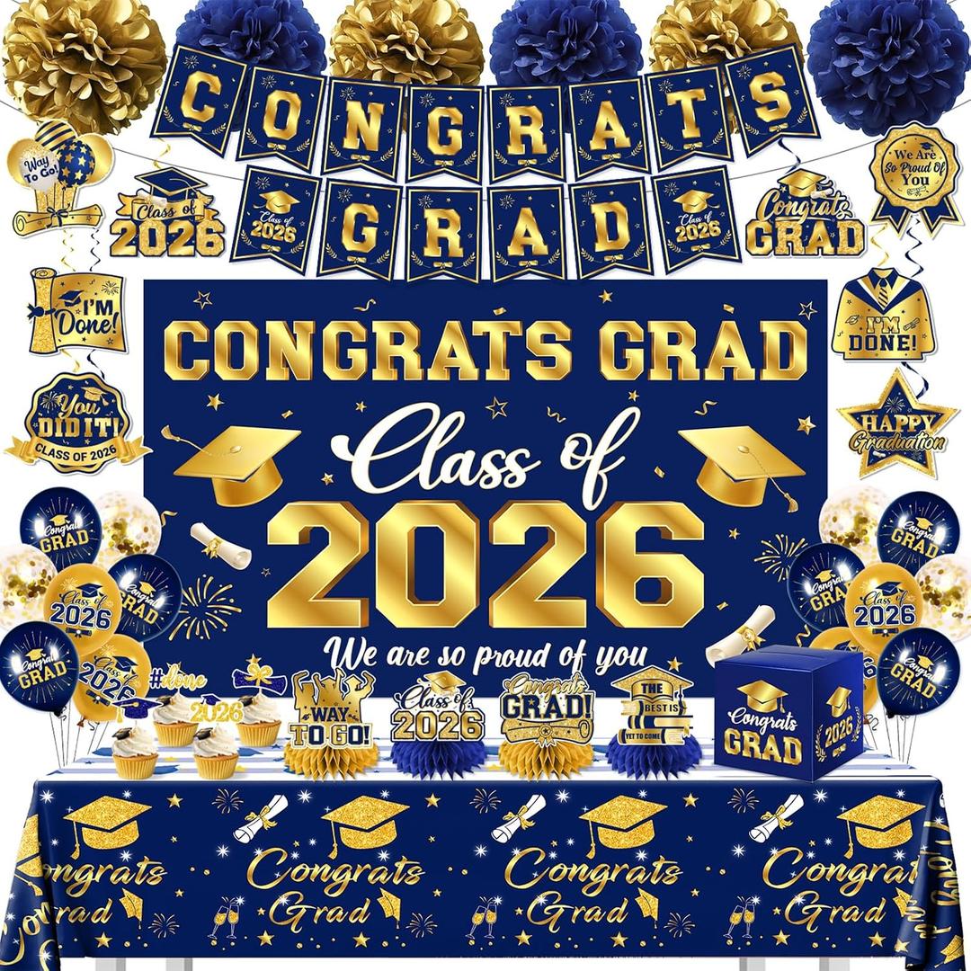 Graduation Decorations 2026 Sky Blue and Gold Class of 2026 Banner Congrats Grad Backdrop Tablecloth Balloons Hanging Swirls Honeycombs Cupcake Toppers Box Pompoms for Graduation Party Decor Supplies