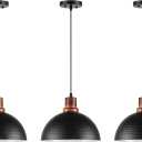 Solid Wood Pendant Lights 3 Pack, 11.8" Modern Matte Black Dome Hammered Metal Hanging Ceiling Light Fixtures Industrial Lighting for Kitchen Island Dining Living Room Restaurant Farmhouse