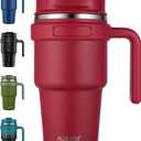 ALOUFEA 20 oz Insulated Coffee Mug Tumbler with Handle, Stainless Steel Travel Mug Tumbler with Lid and Straw, Double Wall Vacuum Leak Proof Ice Coffee Thermal Cup, Red