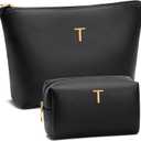 Mom Gifts| Initial Makeup Bag Set for Women Girls Personalized Gifts for Bridesmaid Teachers Graduation Friend Female PU Leather Cosmetic Travel Toiletry Bag(Black,T)