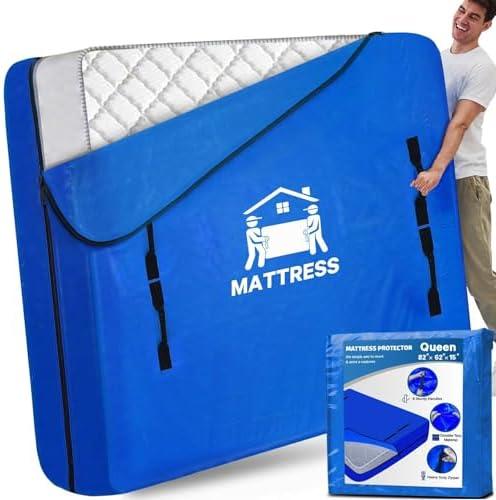 Mattress Bags for Moving,  Mattress Protector Waterproof Mattress Cover Queen Size Storage Bags with 8 Heavy-Duty Handles and Zipper for Bed Extra Thick Large Reusable (82"x62"x15" Blue)