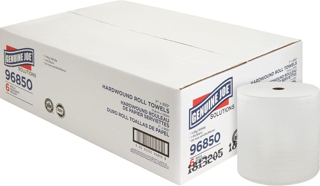 Genuine Joe Hardwound Roll Towels, White, 7" x 850', 6 Count