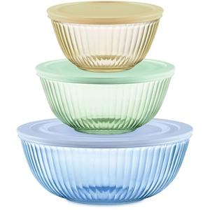 Pyrex Sculpted Tinted 6-Piece Glass Mixing Bowl Set with Airtight Plastic Lids, 1.3qt Amber/2.3qt Green/4.5qt Blue
