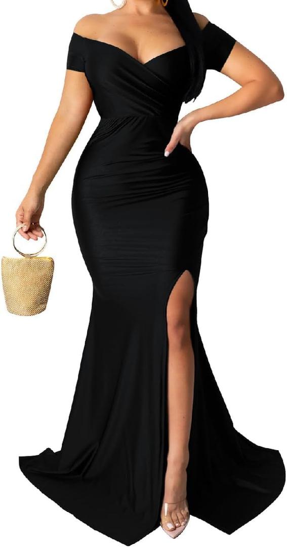 Womens Off Shoulder Sexy V-Neck High Split Long Maxi Dress, Formal Cocktail Party Evening Gown (L)