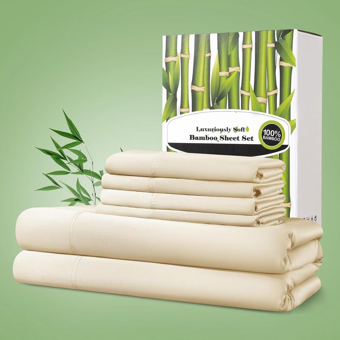 Shilucheng 100% Viscose Derived from Bamboo_ Sheets Queen Size 6pcs, Ultra Soft & Luxuriously Cooling Bed Sheets, Deep Pocket Up to 16", Hotel Silky Bedding Set (Beige)