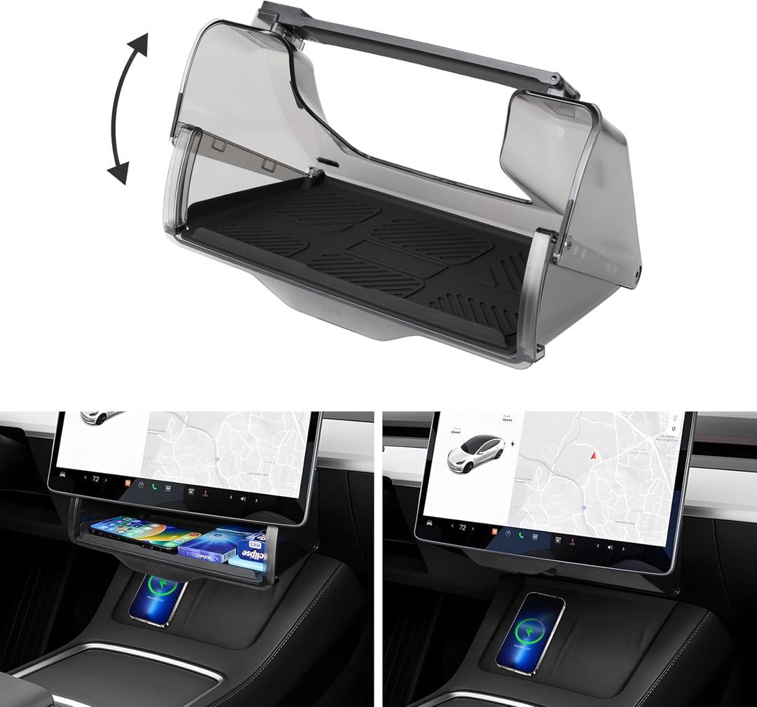 Hidden Under Screen Storage Box for 2016-2026 Tesla Model Y/Model 3 Accessories,Oneclick open & Silent Damping Slides Center Console Organizer (Fit New Model Y Juniper/Model 3 Highland)